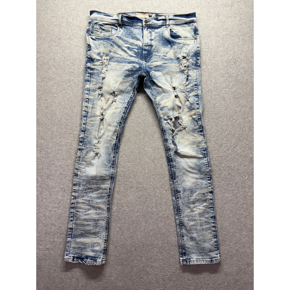 Evolution In Design Mens Distressed Acid Wash Slim Straight Jeans Blue 40x32